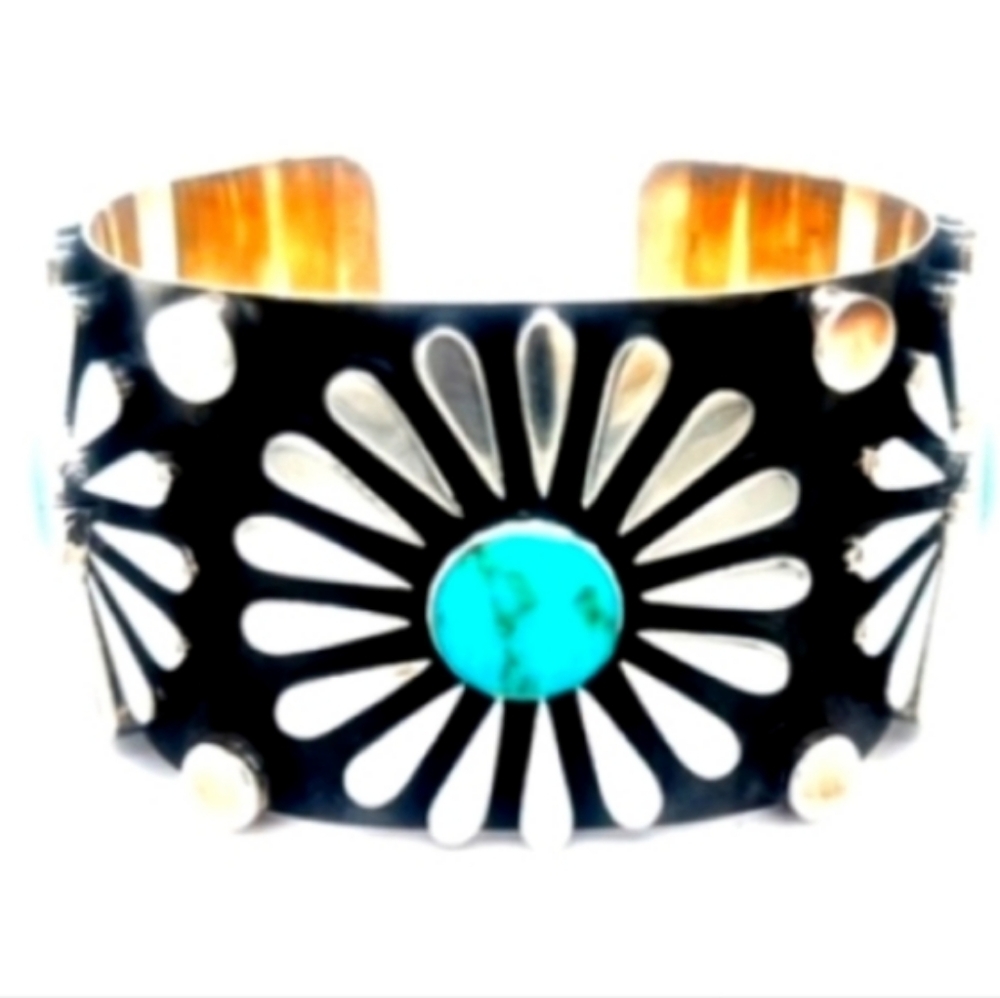 Turquoise 925 Mexican Silver Sunflower Wide Cuff Exquisite Bracelet